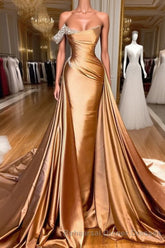 Chic One Shoulder Beaded Mermaid Semi Formal Prom Dress With Court Train